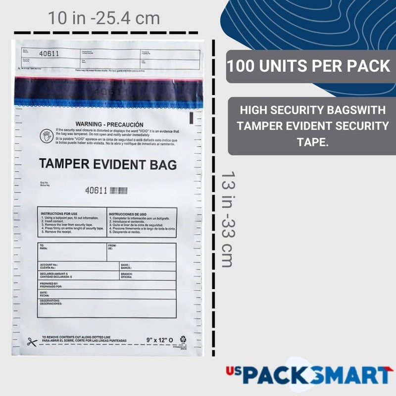 US PACK SMART 10”x13" Clear Plastic Deposit Bags with Security Tape Tamper Evident - Secure Bank Deposits, Cash Handling, & Currency Transport | Self-Sealing Tape with Hidden Graphics | 100-Pack - Image 1